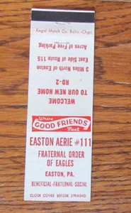 FRATERNAL ORDER OF EAGLES # 111 CUBIERTA DE MATCHBOOK: EASTON, PA CUBIERTA DE CERILLA VACÍA -C9 - Imagen 1 de 1