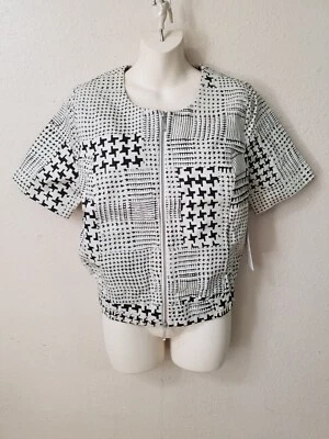 CABI #931 女式西装外套 M 码拉链夹克千鸟格弹力象牙色黑色 X247 — 第 1/4 张图片