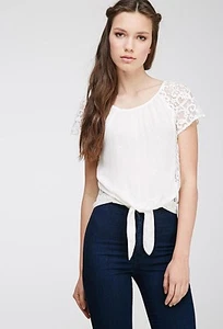 NWT Forever 21 CREAM Lace Paneled Top Front Tie Lace Back T-Shirt Tee SMALL S - Picture 1 of 1