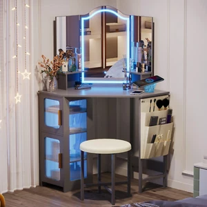 Vanity Makeup Desk With Mirror Lights Charging Station Corner Table Vanity Set W - Picture 1 of 12