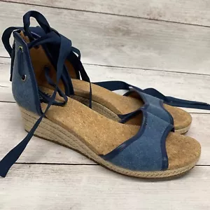 UGG Australia Amell Open Toe Espadrille Lace Up Jute Wedge 1014955 Blue Size 10 - Picture 1 of 11