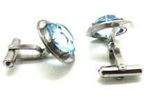 Rare! Estate Vintage Sterling Silver Shirt Cufflinks Faceted Blue Pear Topaz sto