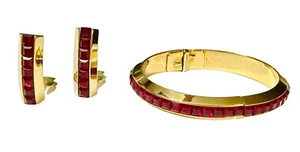 Whiting & Davis Red Baguette Crystal Rhinestone Earrings Bangle Bracelet Set - Picture 1 of 16