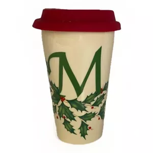Lenox Holiday Christmas Thermal Ceramic Coffee Mug M Monogram Red Silicone Lid - Picture 1 of 7