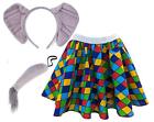 Childs Patchwork Skirt Elmer Elephant Ears & Tail Book Day Fancy Dress Costume