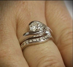 wow 2ct round cut diamond wedding engagement bridal ring set 14k white gold over - Picture 1 of 15