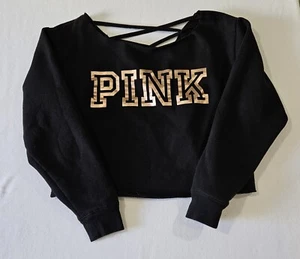 Victoria's Secret PINK Glitzer Cutoff Sweatshirt lockere Passform gekreuzter Rücken Gr. XS - Bild 1 von 5