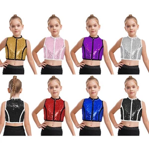 Girls Sparkle Sequins Tank Tops Zipper Vest Latin Jazz Dance Stage Performance - Picture 1 of 51