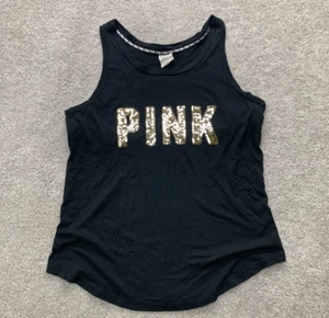 PINK Tank Top Women's Large Black Sequin Pink Spell Out Shimmery Activewear - Picture 1 of 11