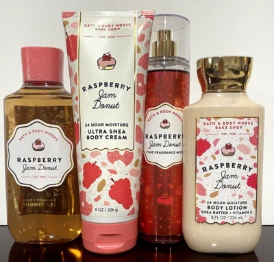 Bath & Body Works Lot of 4 RASPBERRY JAM DONUT Mist-Body Cream-Lotion-Shower Gel - Image 1 of 3