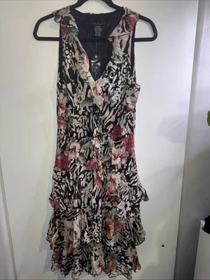 Vtg ECI Sz M Floral Animal Print V Neck Ruffled Tiered Midi Dress Boho Y2K 90s - image 1 of 4
