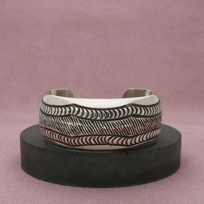 navajo sterling silver vintage signed wide stamped cuff bracelet size 6.5in - image 1 of 3