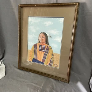 Sioux Häuptling Indianer Aquarell Original von Paul Pahsetopah 1980 mattiert & gerahmt - Bild 1 von 9