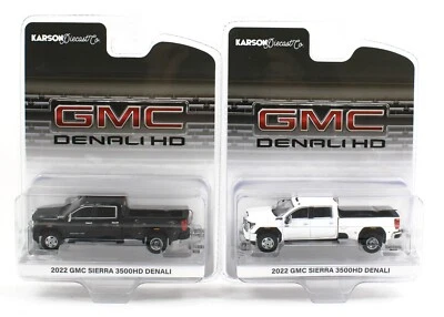 1:64 GreenLight *PAIR* Black & White 2022 GMC Sierra 3500HD Denali DUALLY *NIP!* - Image 1 of 3
