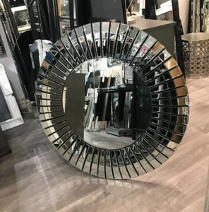Large Round Deco Wall Mirror Black Framed Silver 3D Design 100cm Metal Fixture - Picture 1 of 8