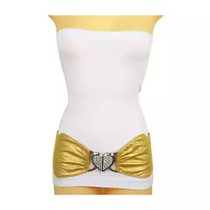 Women Gold Fabric Wide Fashion Hip Waist Belt Love Heart Silver Metal Buckle S M - Picture 1 of 15