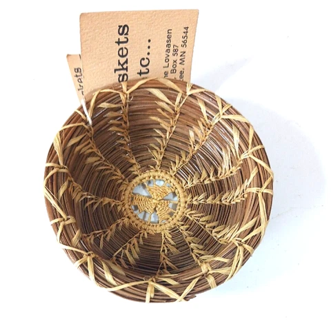 Vintage Pine Needle Raffia Woven Basket Bowl Miniature Jeanne Lovaasen Minnesota Cover