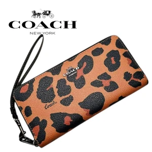 COACH CC865 Leopard Print Leather Round Zipper Long Wallet Women's Brown - Picture 1 of 5