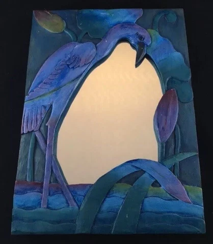 Handmade Hand-painted Indonesia Wooden Blue Crane Wall Mirror 9.875x7.375" Cover