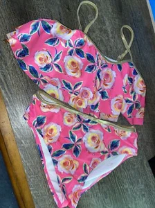 Girls Sz 14 Betsy Johnson Bikini SwimSuit Neon Pink Gold Yellow Rose Floral 12 ? - Picture 1 of 10