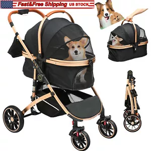 4 Wheels Pet Stroller Cat Dog Cage Stroller Travel Folding Carrier 3-in-1 - Picture 1 of 16