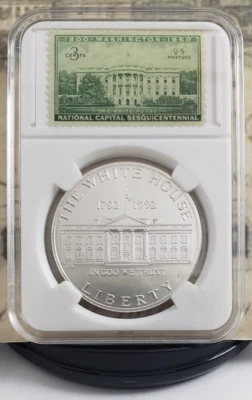 1992-D White House - Commemorative Silver Dollar with Vintage Stamps - Nice! W8 - Image 1 of 4