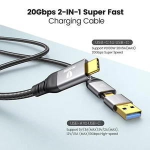 2 IN 1 USB-C Charger Cable 20/40Gbps Data Transfer 100W Fast Charging 4K PD 100W - Picture 1 of 22