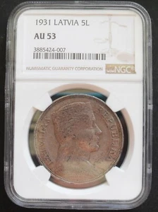 1931 Latvia 5 L,  NGC AU 53,  nice silver coin, # 423, 20-1.. - Picture 1 of 4