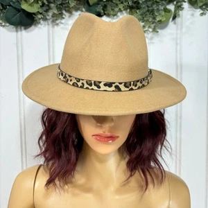 Women's Tan Felt Fedora Hat Leopard Belt Buckle Wide Brim Festival Boho Indie - Picture 1 of 9
