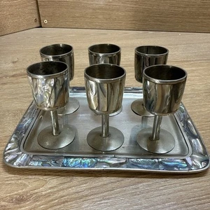 Vintage mexikanisches Silber & Abalone Intarsien Tablett 6er Set Schnapskelche - Bild 1 von 10