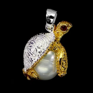 925 Sterling Silver Pendant Round Ruby Myanmar Pearl Turtle Gemstone Jewelry - Picture 1 of 13