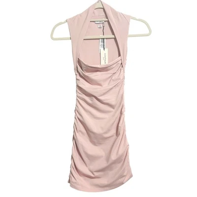 Aritzia Contour Square Ruched Mini Dress Sz 2XS Bow Pink Rose Baddie Clubwear - Image 1 of 4