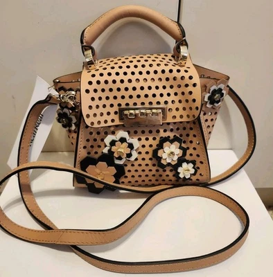NWT ZAC Zac Posen "Eartha" Tan Perforated Appliqued Leather Crossbody Bag $415 - Image 1 of 4