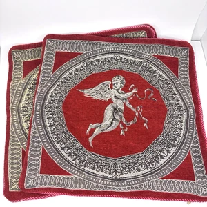 2 Tapestry Cushion Pillow Covers Corded Angel Cherub Red Brown Beige 17.5”x17.5” - Picture 1 of 16