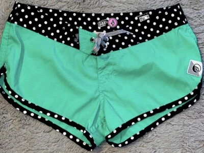 VOLCOM Women's Shorts Black & Green Polka Dot Surf Booty Shorts Size 1 Vintage - Image 1 of 4