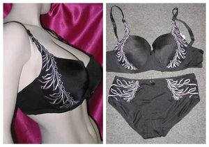 NWT ORNELLA Women Satiny Embroidered Wired Bra Panty set black 40DD/2X - Picture 1 of 1