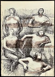 Vintage HENRY MOORE Double-Sided Off-Set Color Lithograph 5 Women & 4 Heads - Picture 1 of 5