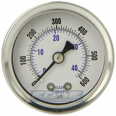 LIQUID FILLED PRESSURE GAUGE 0-600 PSI, 1.5" FACE, 1/8" NPT BACK MOUNT - Image 1 of 2