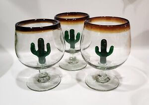 Hand Blown Mexico Brown Rim Margarita Glasses Green 3D Saguaro Cactus Set of 3