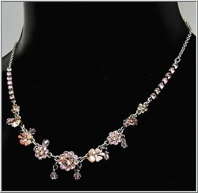 NUEVO COLLAR DE PLATA PEREGRINO CADENA ESMALTE ROSA CRISTALES DE SWAROVSKI FLORES CUENTAS Foto 1 de 3
