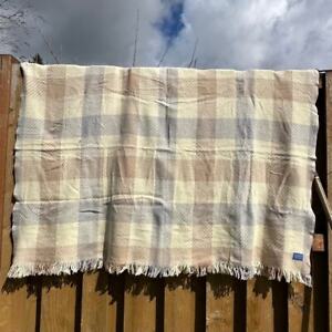 Vintage Pendleton 100% Wool Throw Blanket Fringe Woven Neutral Beige Plaid 75x52