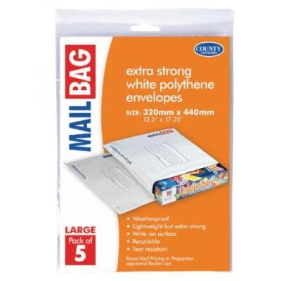 COUNTY STATIONERY Large White Polythene Mail Bag (Pack of 5) County C262 Size 320 x 440mm