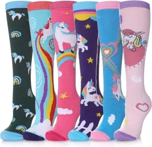 6 Pairs Girls Knee High Socks Kids Fun Gift Cute Unicorn Patterns Cotton Socks - Picture 1 of 6