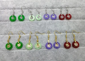 Green Red Purple Jade Circle Donut 18KGP Happiness Fortune Hook Dangle Earrings - Picture 1 of 20