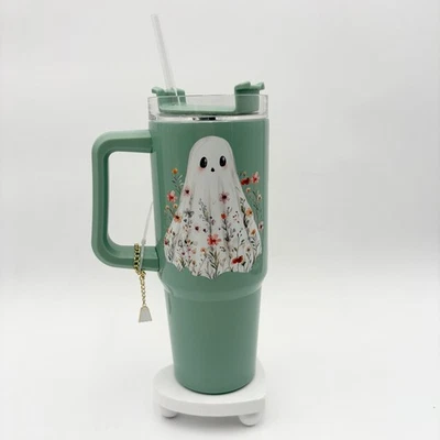 Ghost Tumbler With Handle & Straw Charm Cute Spooky Season Travel Mug - Image 1 of 4
