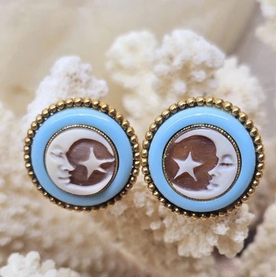 Orecchini Donna In Argento 925: Cammeo Luna E Stelle Con Cornice Turchese - Immagine 1 di 4