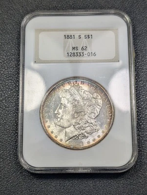 Dólar de plata Morgan 1881 S - ¡Antiguo soporte graso! NGC MS62 - ¡Envío gratis! Foto 1 de 4