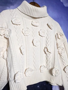 For Love & Lemons creme Blumen Zopfmuster Pullover Gr. L Coquette Cottagecore - Bild 1 von 8