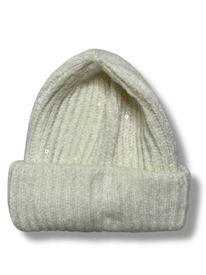 George Cream Knit Beanie Hat with Sequins Soft Winter Warm Sparkle One Size - Image 1 of 4