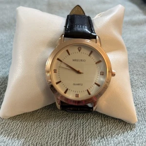 Mreurio White Dial Round Gold Tone Case Black Faux Leather Band Watch - Picture 1 of 5